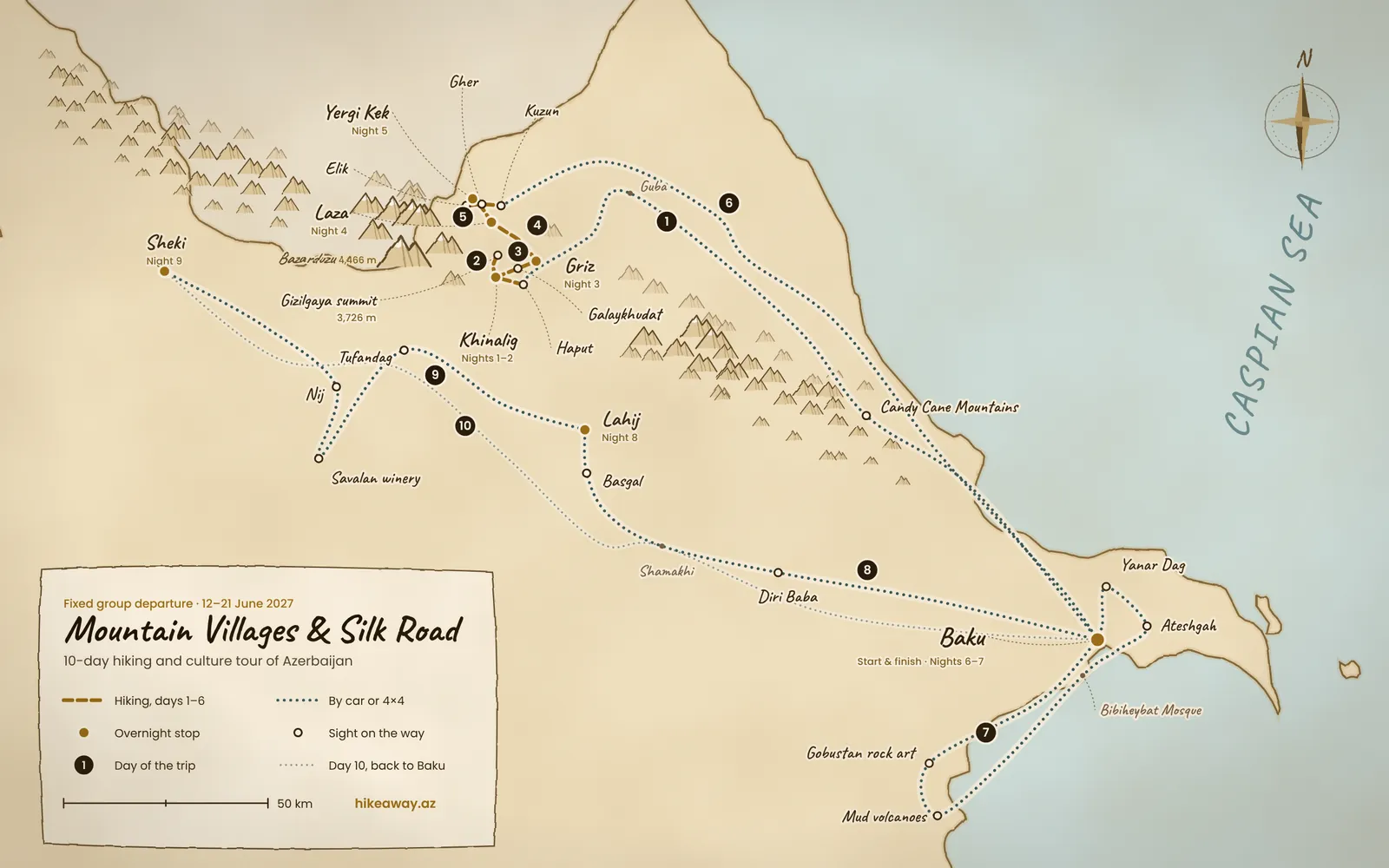 Illustrated route map of the 10-day Mountain Villages & Silk Road tour in Azerbaijan: hiking from Haput and Khinalig to Griz, Laza, Yergi Kek and Kuzun, then Gobustan, Lahij, Gabala and Sheki